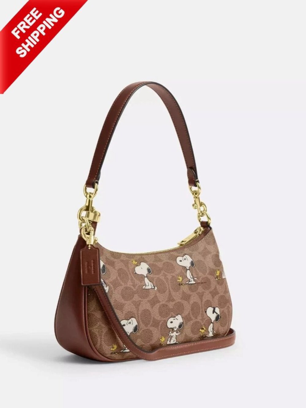 CBJ88 COACH x PEANUTS Teri Shoulder Bag Tan Brown Snoopy Print Signature Canvas